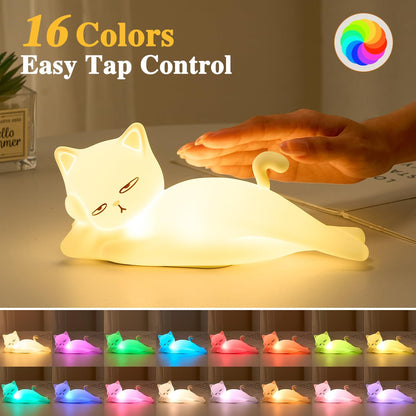 Lying Cat Lamp Funny Gifts, 16 Colors+5 Dimming+Silicone Random Stuff, Touch+Remote+Recharge Night Light, Unique Cool Lamp,Cute Weird Stuff, Squishy Cat White Elephant Gifts for Women/Men/Teens/Kids