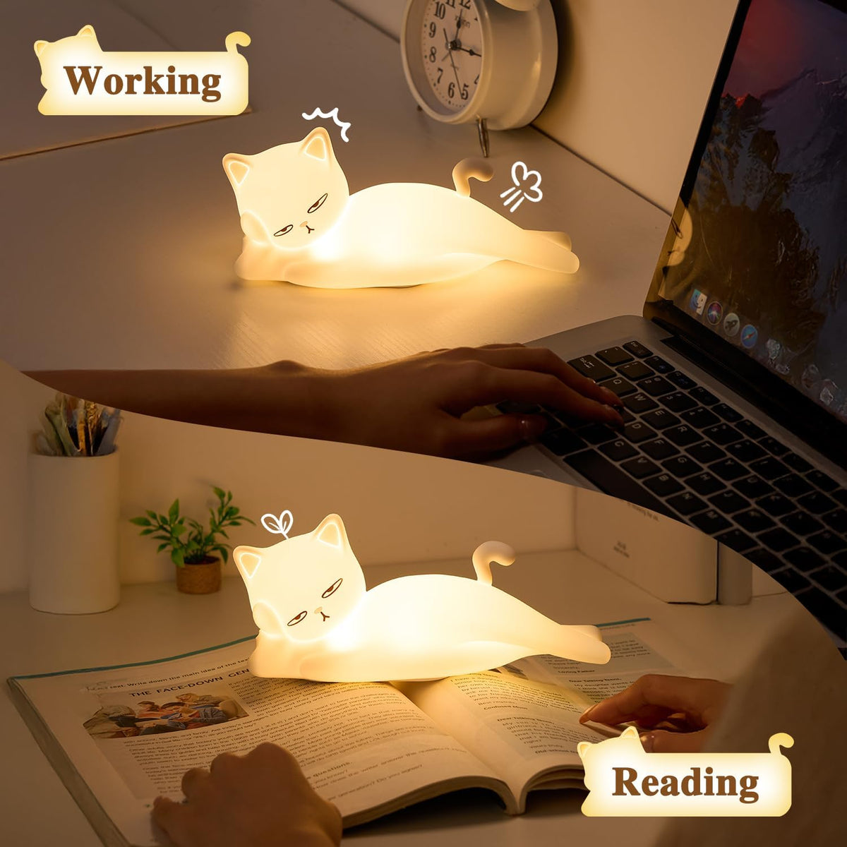 Lying Cat Lamp Funny Gifts, 16 Colors+5 Dimming+Silicone Random Stuff, Touch+Remote+Recharge Night Light, Unique Cool Lamp,Cute Weird Stuff, Squishy Cat White Elephant Gifts for Women/Men/Teens/Kids