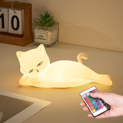 Lying Cat Lamp Funny Gifts, 16 Colors+5 Dimming+Silicone Random Stuff, Touch+Remote+Recharge Night Light, Unique Cool Lamp,Cute Weird Stuff, Squishy Cat White Elephant Gifts for Women/Men/Teens/Kids