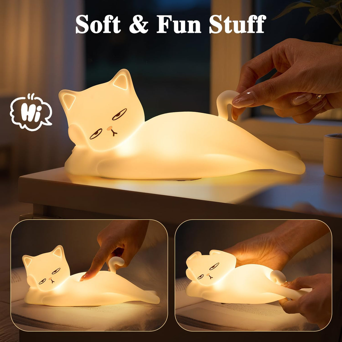 Lying Cat Lamp Funny Gifts, 16 Colors+5 Dimming+Silicone Random Stuff, Touch+Remote+Recharge Night Light, Unique Cool Lamp,Cute Weird Stuff, Squishy Cat White Elephant Gifts for Women/Men/Teens/Kids