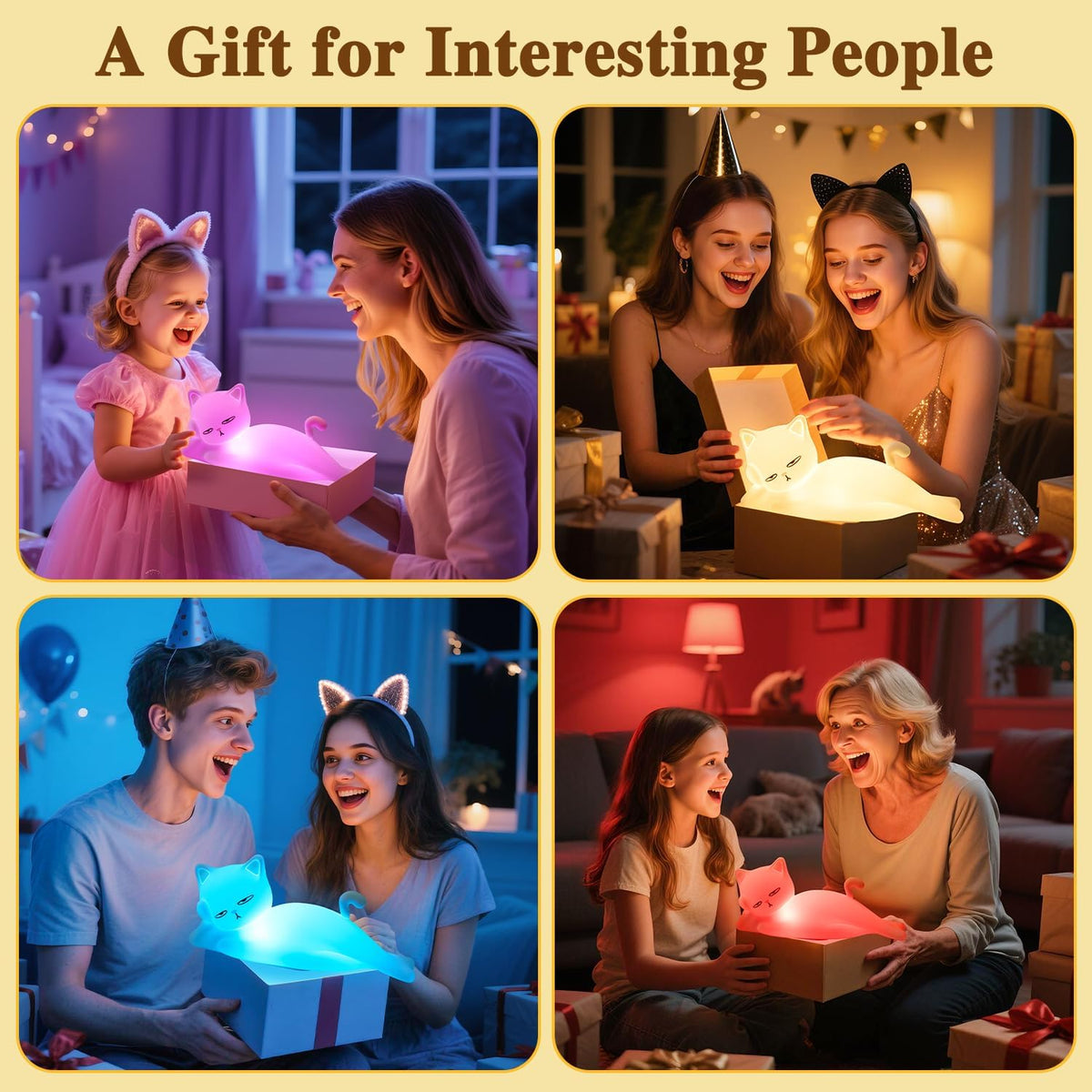 Lying Cat Lamp Funny Gifts, 16 Colors+5 Dimming+Silicone Random Stuff, Touch+Remote+Recharge Night Light, Unique Cool Lamp,Cute Weird Stuff, Squishy Cat White Elephant Gifts for Women/Men/Teens/Kids