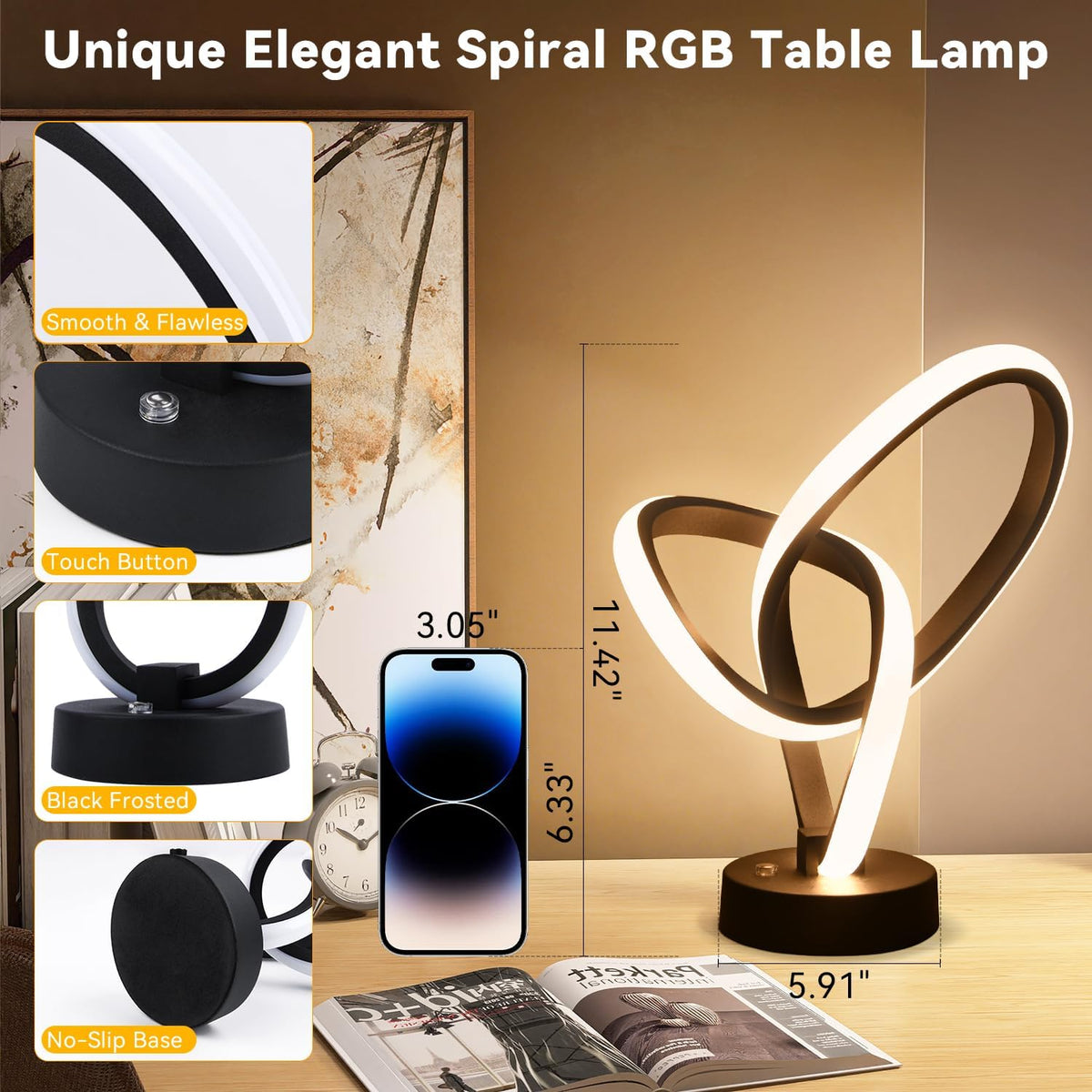 LED Modern Table Lamps Christmas Lamp Gifts, RGB Table Lamp with 7 Colors 10 Light Modes, 3-Way Dimmable Bedside Touch Spiral Cool Desk Lamps for Nightstand