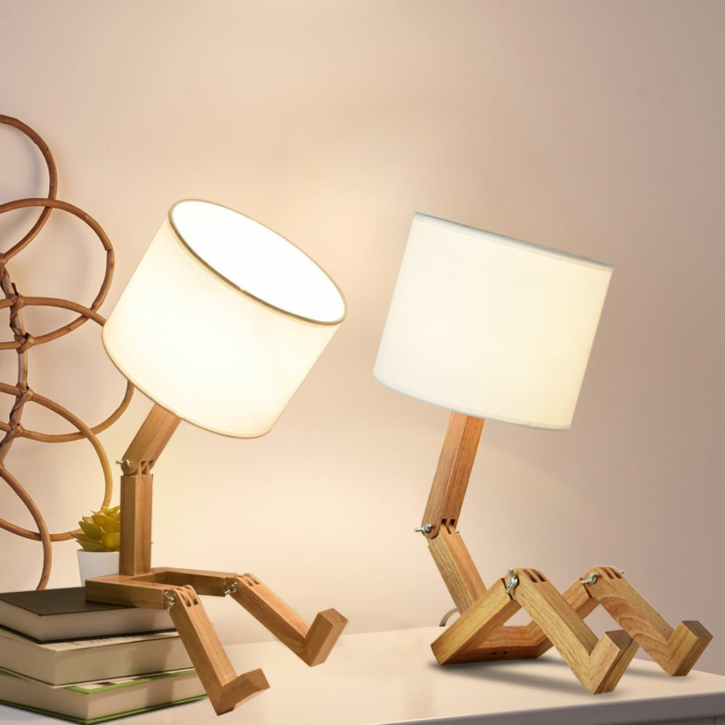 Robot Cute Desk Lamp Set of 2, Wooden Bedside Table Lamp Unique Fun Robot Lamp Quirky Cool Lamp for Home, Kids Room, Living Room, Coffee Shop, Adjustable Lamp Body